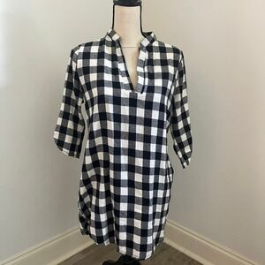 Buffalo Plaid Tunic Top Womens size Medium Black White Cotton 3/4 Sleeve Popover